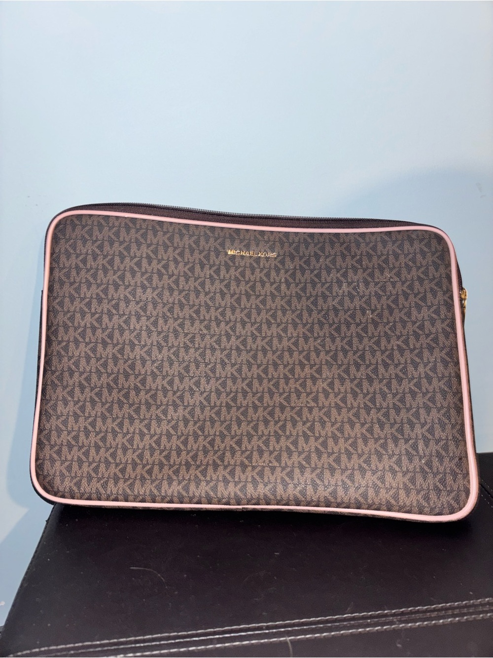 Michael Kors Brown MK Monogram Laptop Sleeve with Pink Trim
